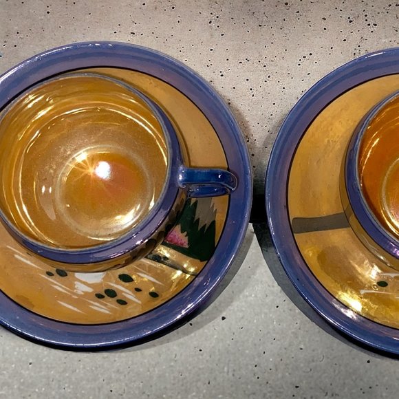 2 Vintage RS Japan 1950s Peach and Blue Lustreware Cups and Saucers *read* - Picture 4 of 11